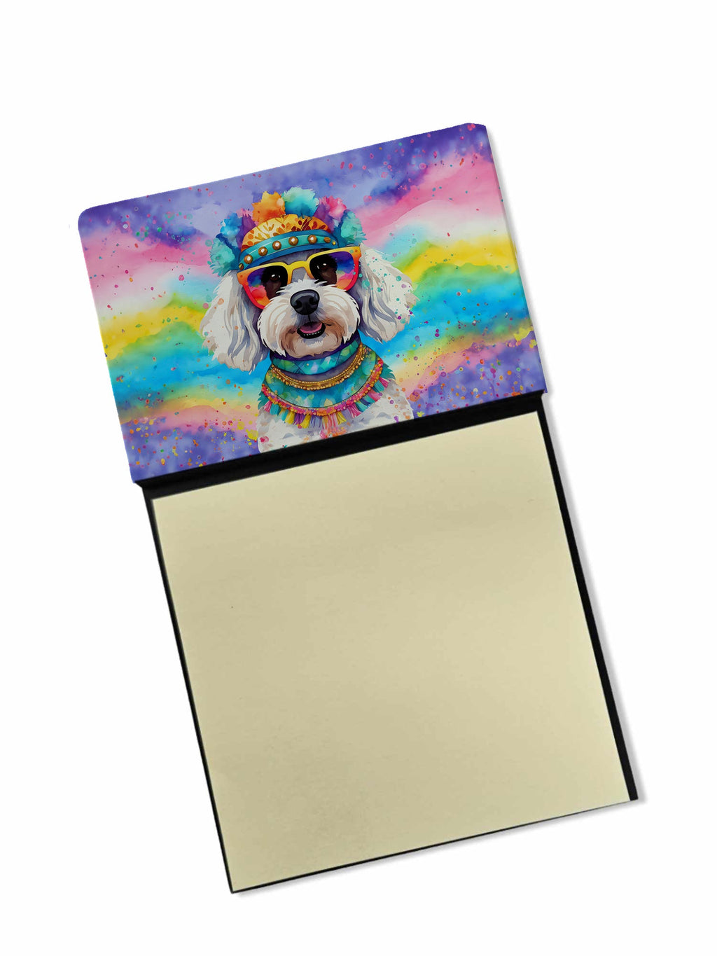 Bichon Frise Hippie Dawg Watercolor Sticky Note Holder Refillable Dispenser Desk Accessory 3x3 Pad Gift
