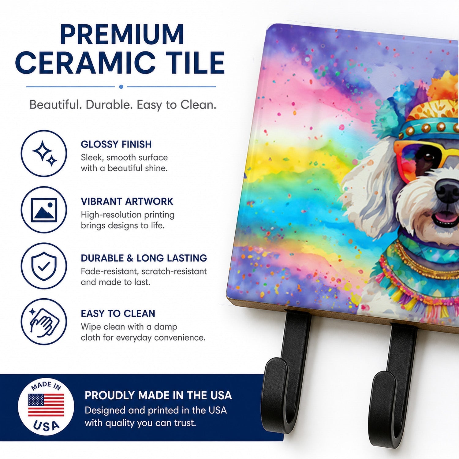 Bichon Frise Hippie Dawg Leash or Key Holder Wall Hooks, Coat Rack Wall Mount, for Hanging Keys, Towels, Aprons, Leashes