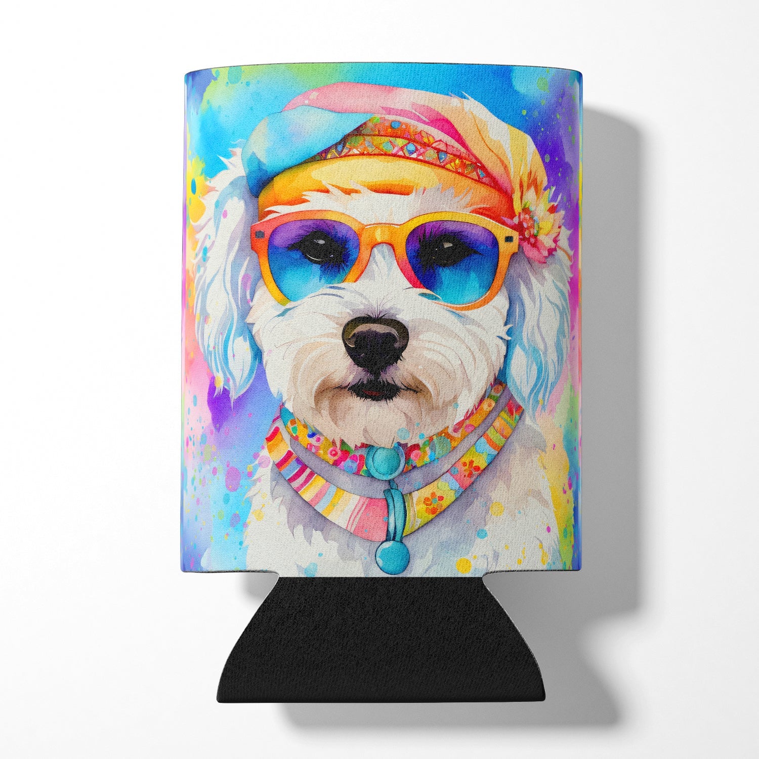 Bichon Frise Hippie Dawg Can or Bottle Hugger Cooler Sleeve for Standard 12 oz Cans, Insulated Foam Beer & Soda Can Hugger Reusable