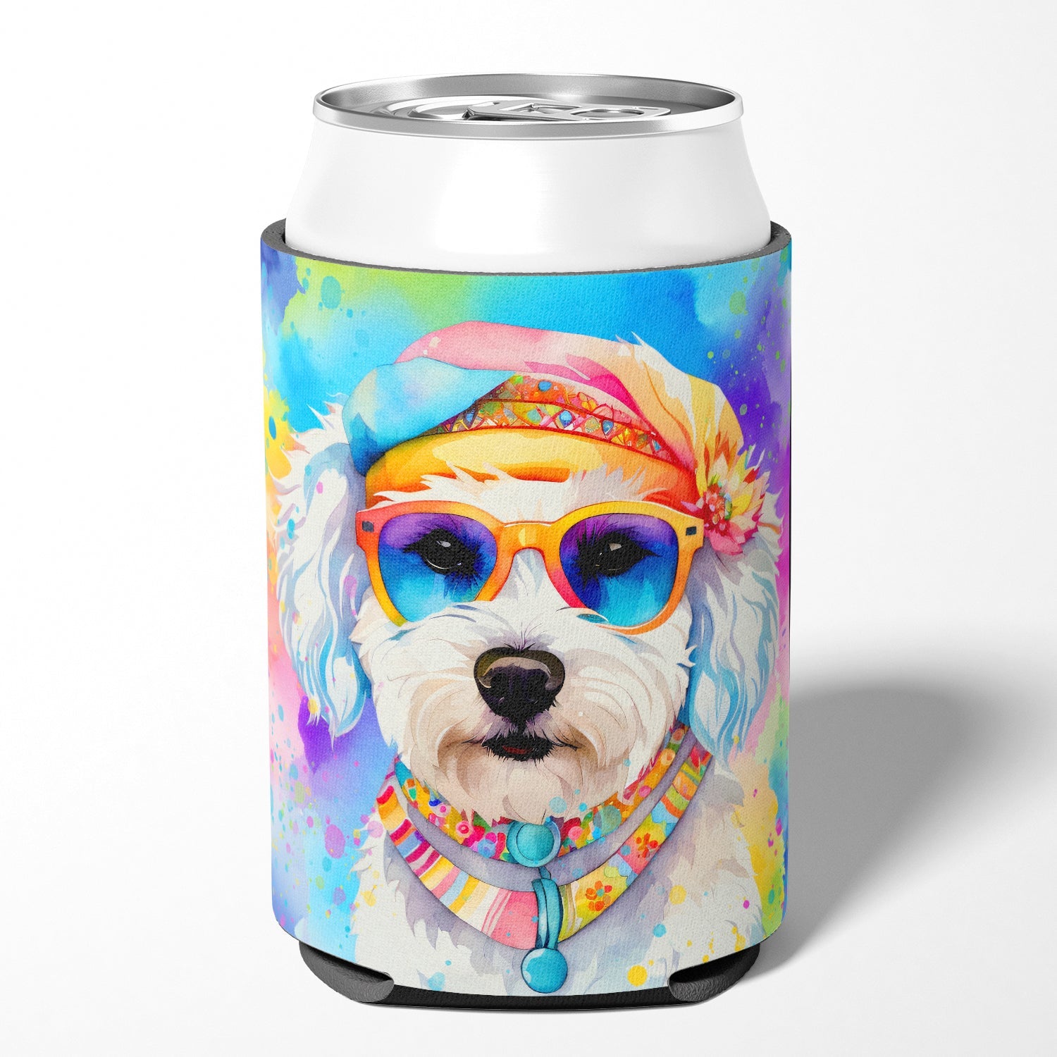 Bichon Frise Hippie Dawg Can or Bottle Hugger Cooler Sleeve for Standard 12 oz Cans, Insulated Foam Beer & Soda Can Hugger Reusable