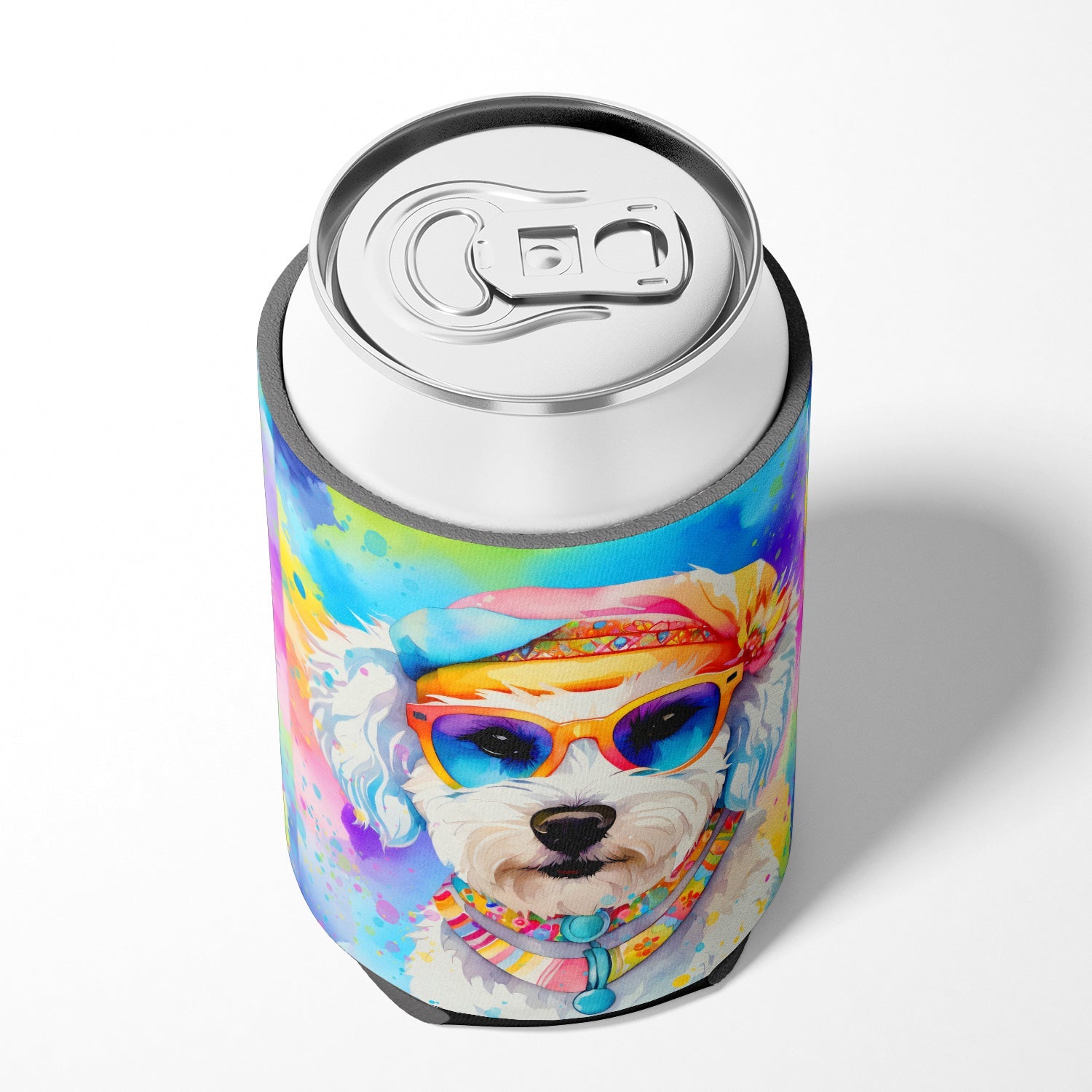 Bichon Frise Hippie Dawg Can or Bottle Hugger Cooler Sleeve for Standard 12 oz Cans, Insulated Foam Beer & Soda Can Hugger Reusable