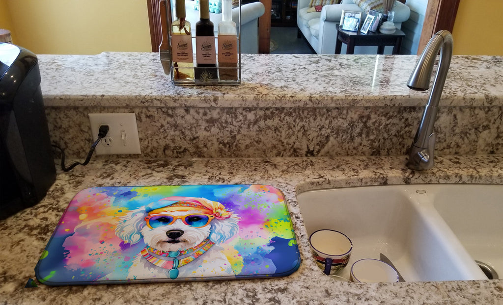 Bichon Frise Hippie Dawg Dish Drying Mat Absorbent Dish Drying Mat Pad for Kitchen Counter Dish Drainer Mat for Countertop, 14 x 21", Multicolor