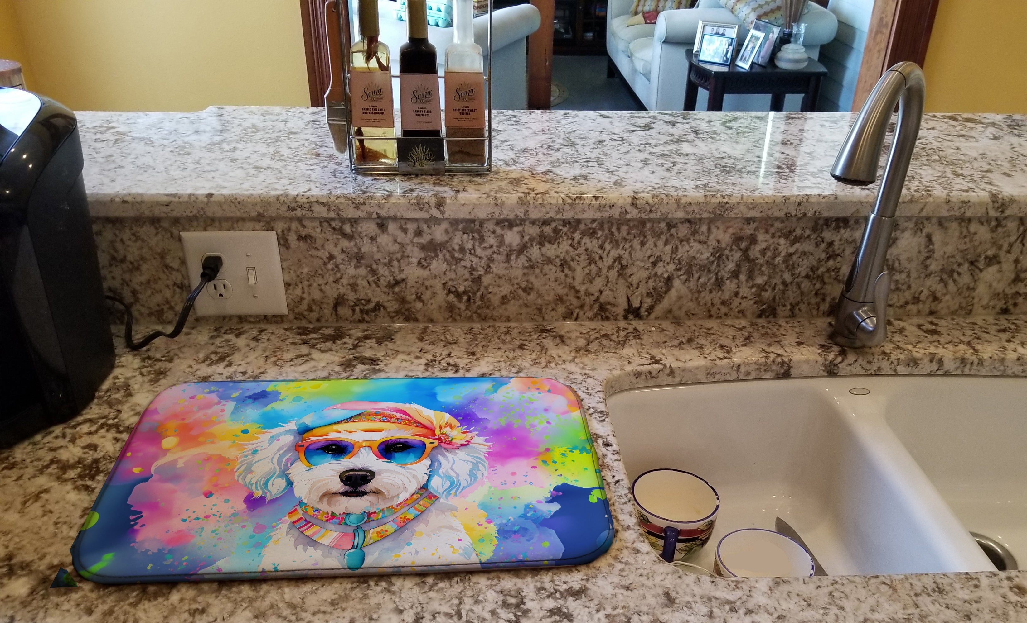 Bichon Frise Hippie Dawg Dish Drying Mat Absorbent Dish Drying Mat Pad for Kitchen Counter Dish Drainer Mat for Countertop, 14 x 21", Multicolor