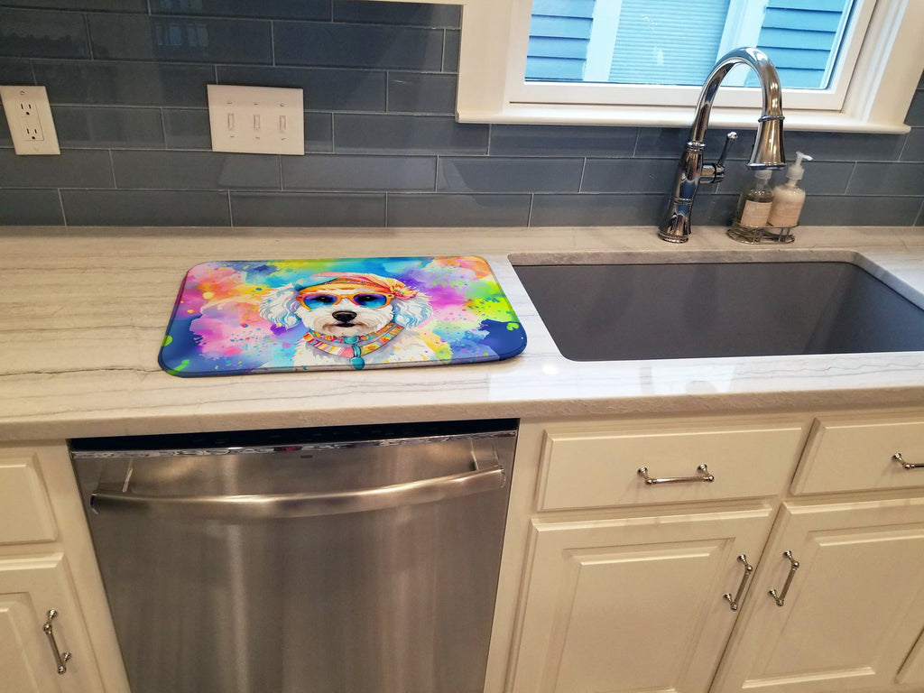 Bichon Frise Hippie Dawg Dish Drying Mat Absorbent Dish Drying Mat Pad for Kitchen Counter Dish Drainer Mat for Countertop, 14 x 21", Multicolor