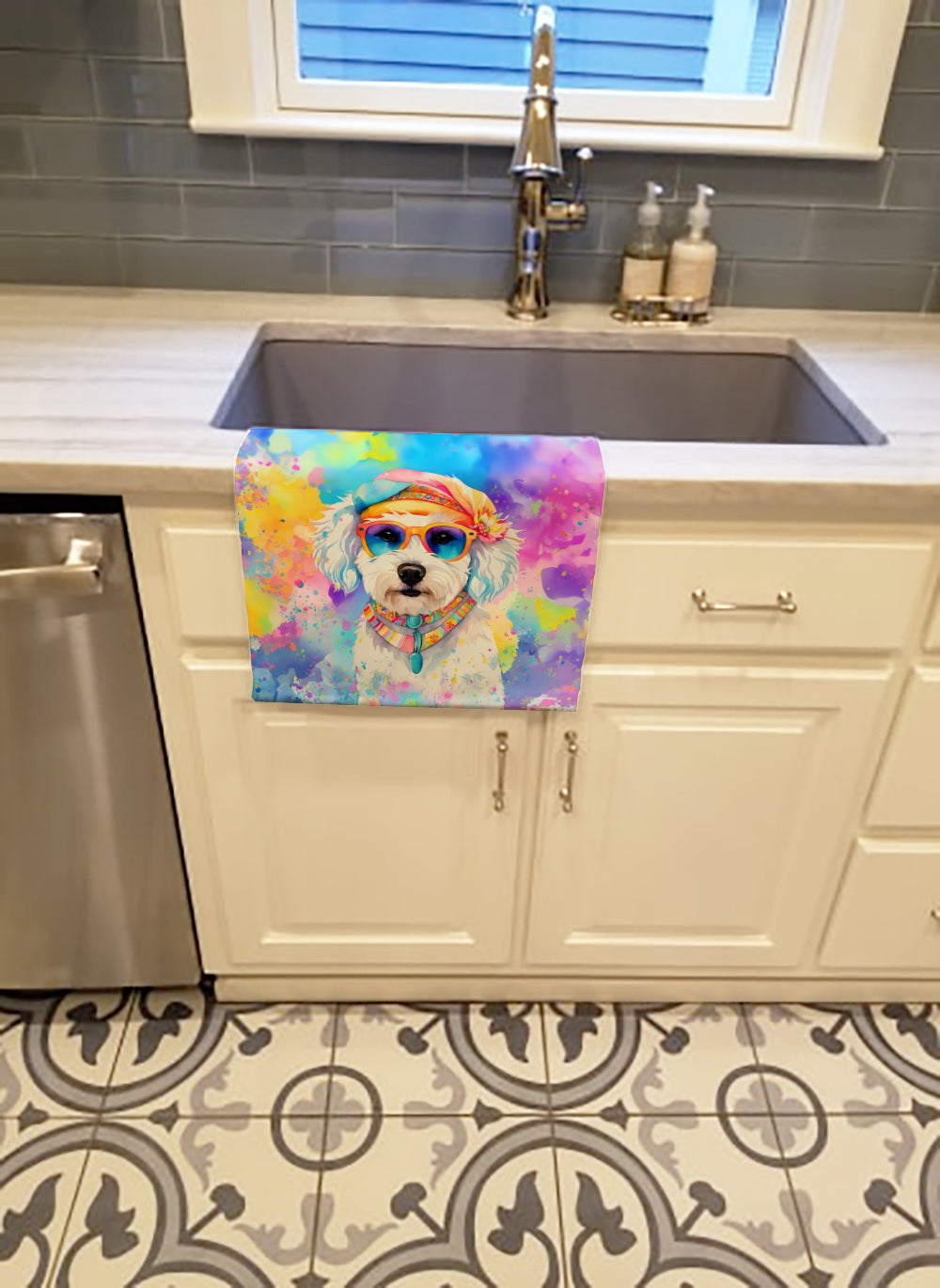 Bichon Frise Hippie Dawg Kitchen Towel Velour Plush Front and Cotton Loop Back Machine Washable