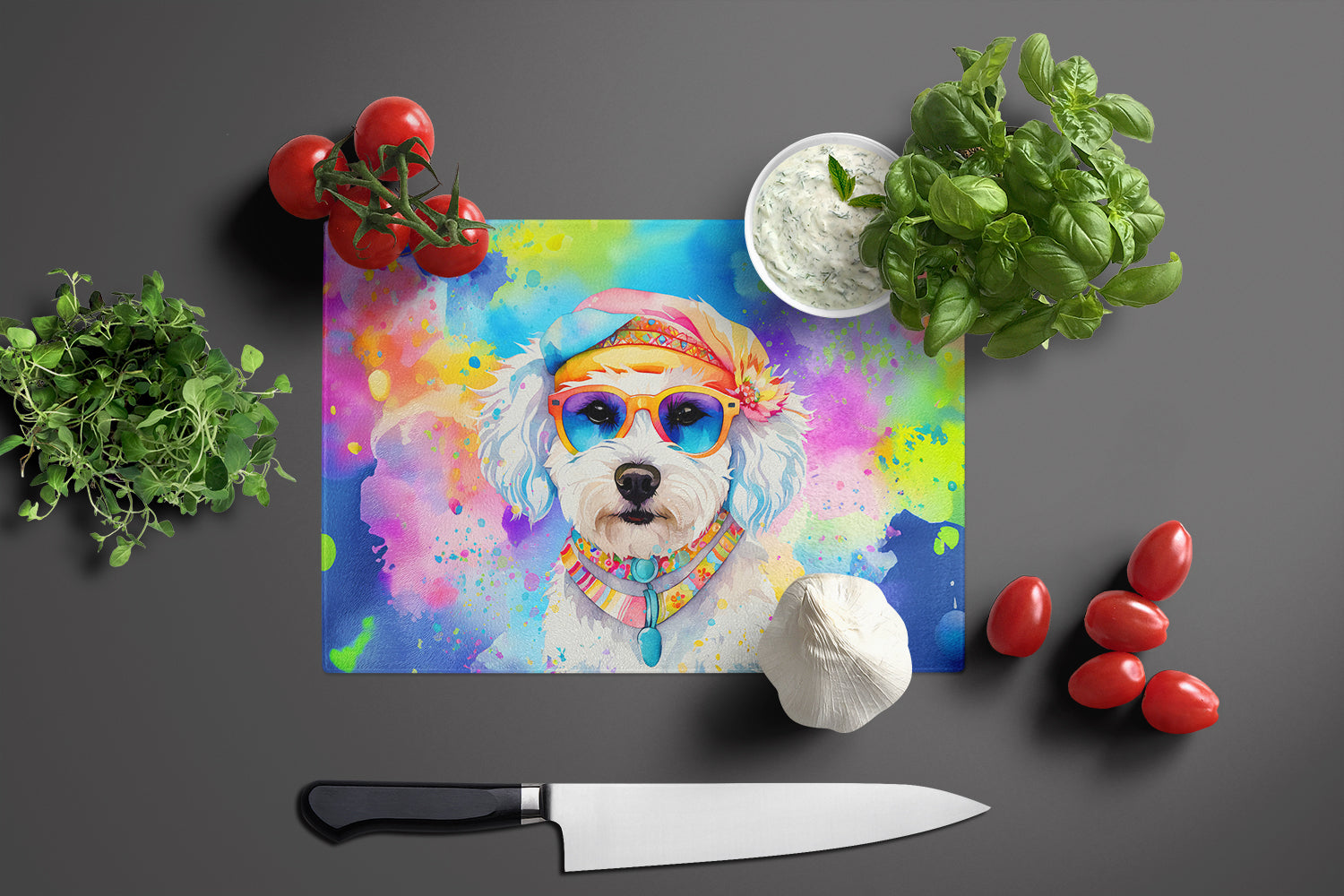 Bichon Frise Hippie Dawg Cutting Board Tempered Glass Kitchen Cutting Surface, Heat Resistant Chopping, Non-Slip Feet, Food Prep & Serving