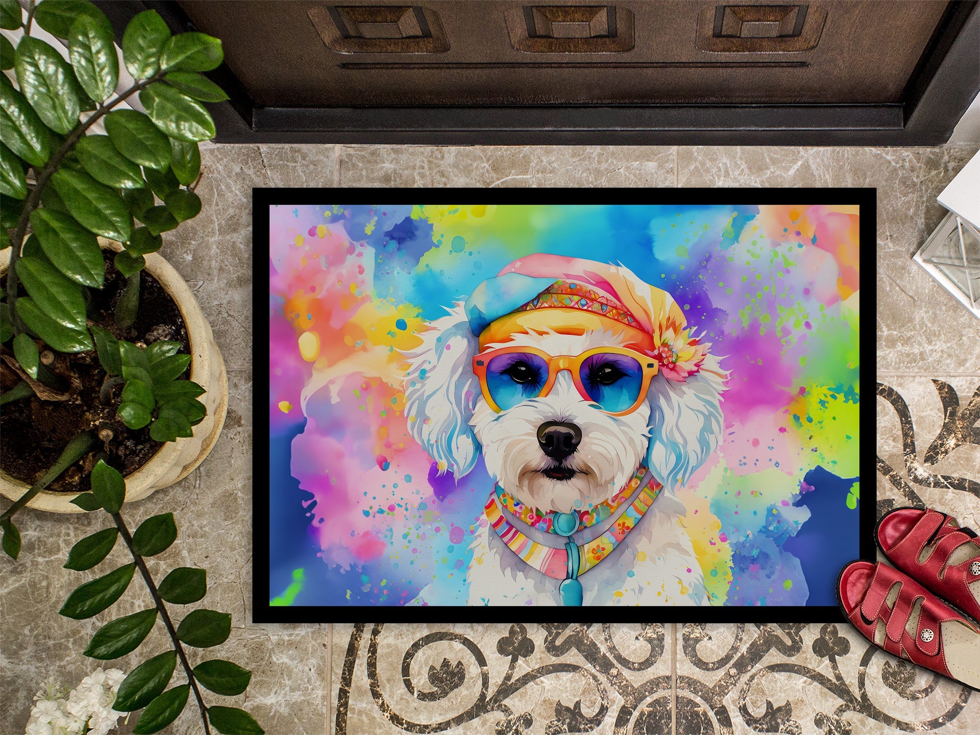 Bichon Frise Hippie Dawg Doormat Indoor Outdoor 18H X 27W Front Door Mat Rugs for Entryway, Non Slip Washable