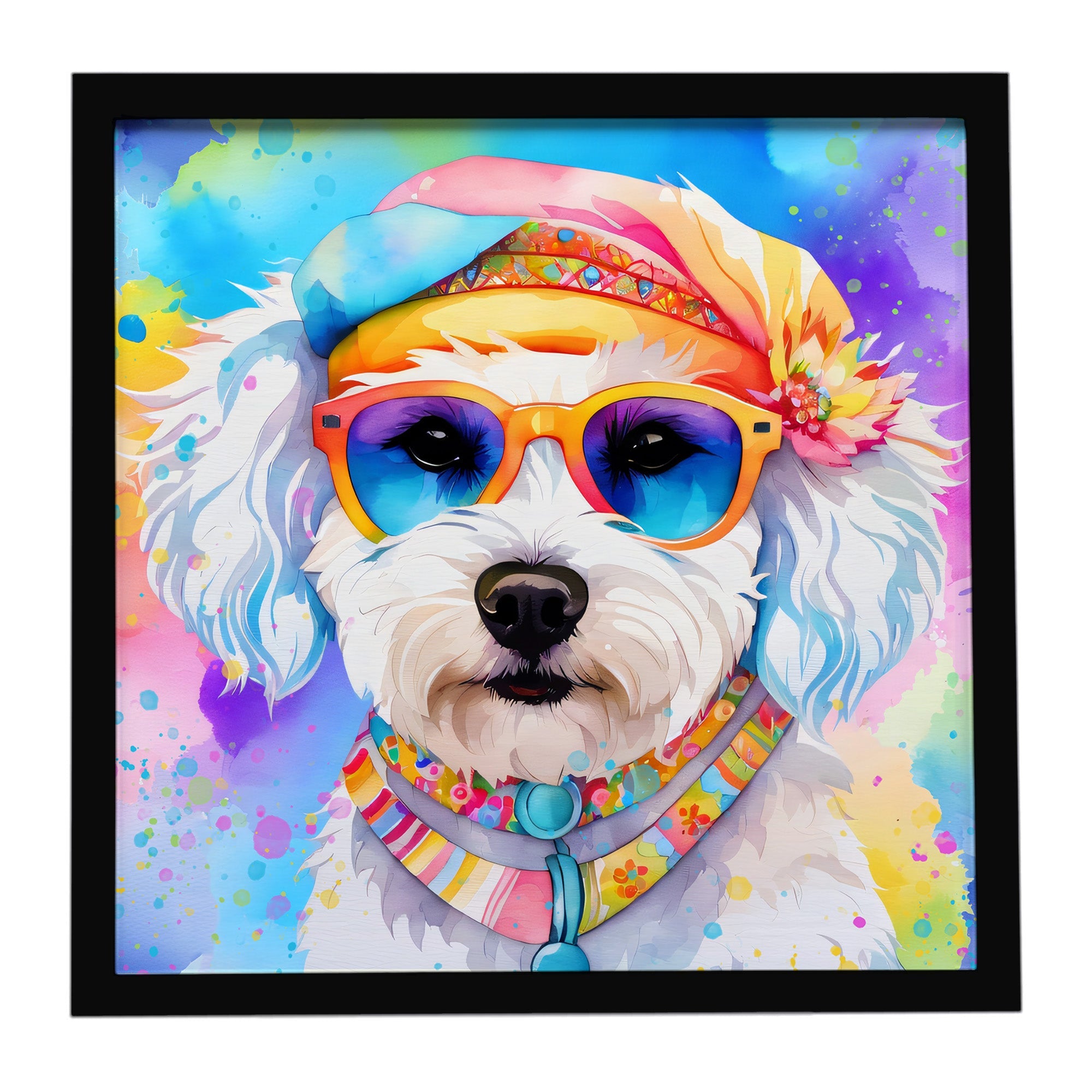 Bichon Frise Hippie Dawg Framed Metal Print Bathroom, Kitchen, Office, Home Decor Wall Art Ready to Hang, Square, 8X8