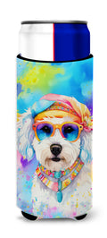 Bichon Frise Hippie Dawg Slim Can Hugger , Insulated Foam Hugger for 12 oz Slim Cans, Beer Bottles & Water Bottles, Printed in USA