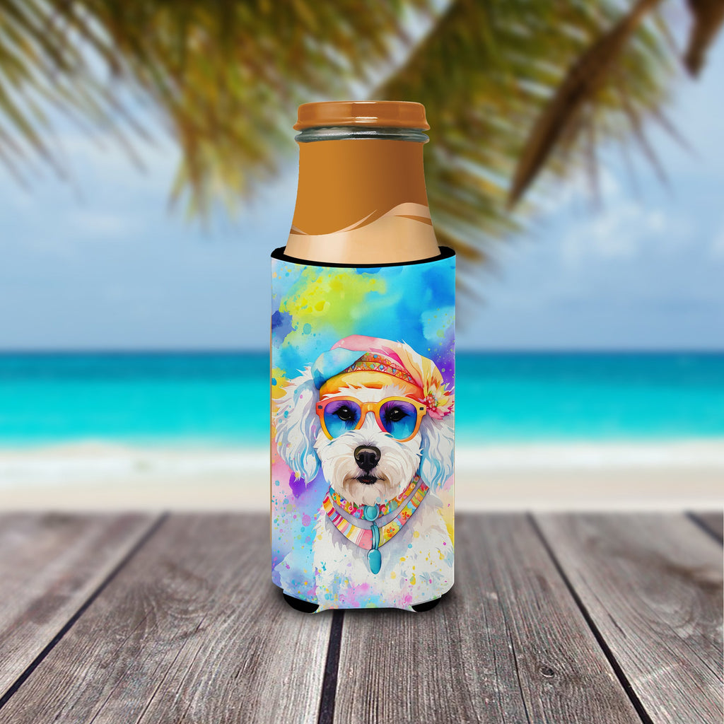 Bichon Frise Hippie Dawg Slim Can Hugger , Insulated Foam Hugger for 12 oz Slim Cans, Beer Bottles & Water Bottles, Printed in USA