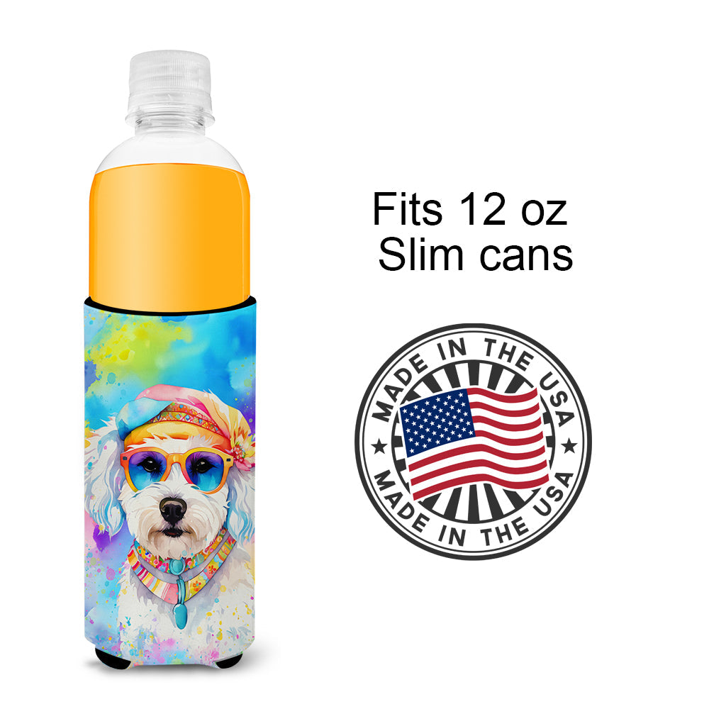 Bichon Frise Hippie Dawg Slim Can Hugger , Insulated Foam Hugger for 12 oz Slim Cans, Beer Bottles & Water Bottles, Printed in USA