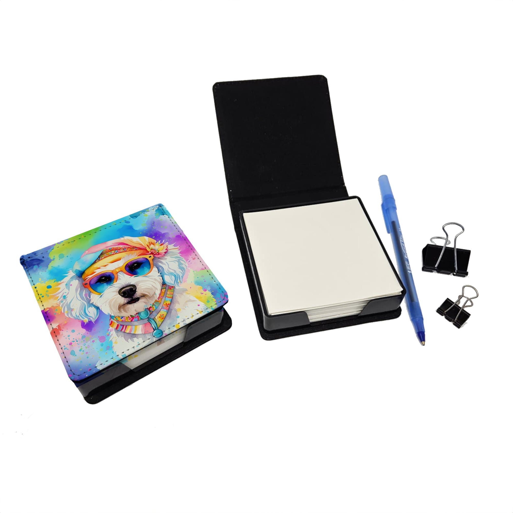 Bichon Frise Hippie Dawg PU Leather Note Paper Holder with Artist-Designed Cover, Desk Accessory, Office Gift
