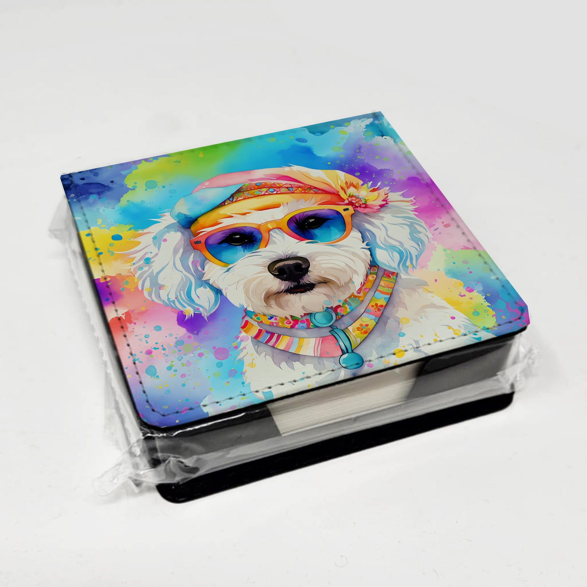 Bichon Frise Hippie Dawg PU Leather Note Paper Holder with Artist-Designed Cover, Desk Accessory, Office Gift