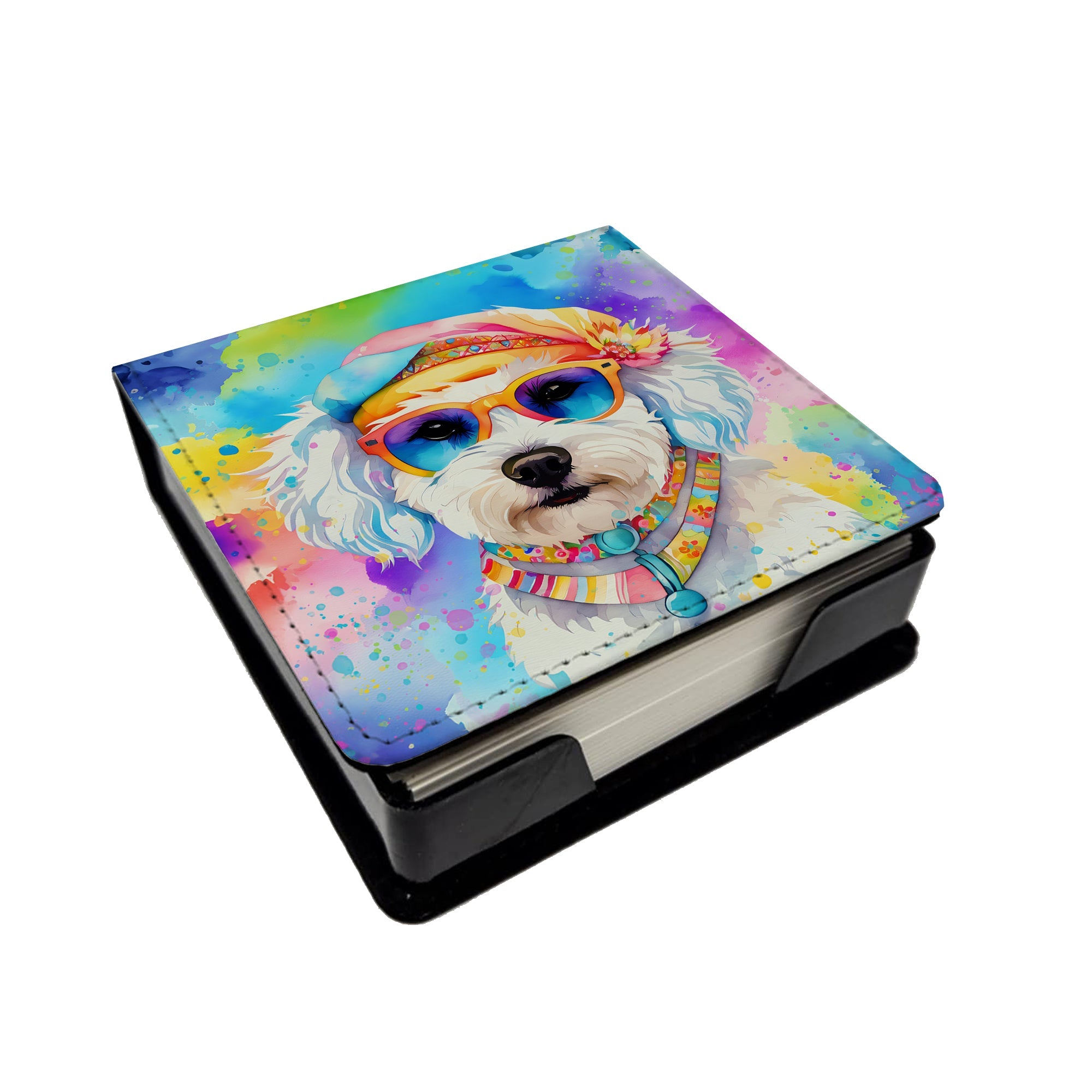 Bichon Frise Hippie Dawg PU Leather Note Paper Holder with Artist-Designed Cover, Desk Accessory, Office Gift