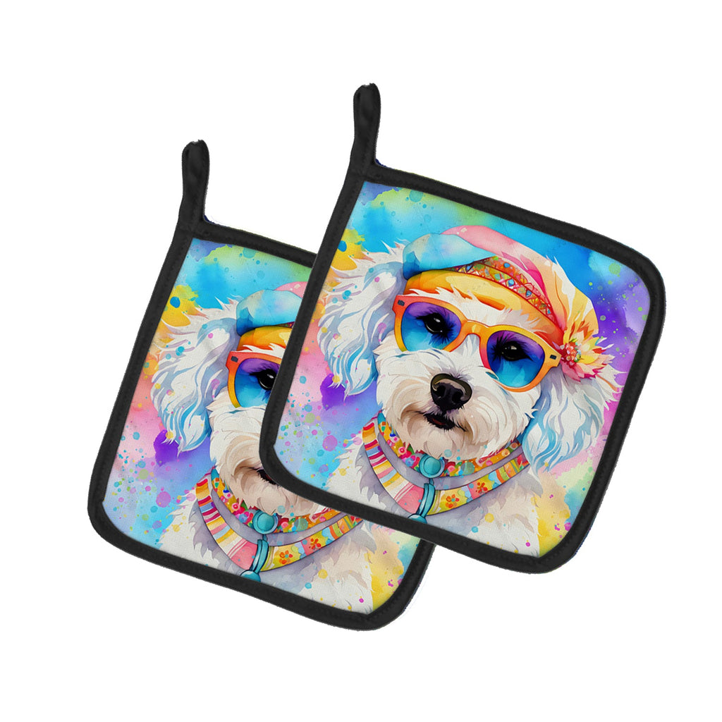 Bichon Frise Hippie Dawg Pot Holder Set of 2 Heat Resistant Quilted Hot Pads 7.5 x 7.5 Inch, Insulated Kitchen Trivets for Cooking & Baking