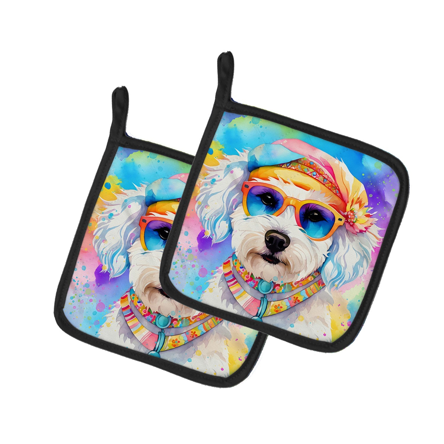 Bichon Frise Hippie Dawg Pot Holder Set of 2 Heat Resistant Quilted Hot Pads 7.5 x 7.5 Inch, Insulated Kitchen Trivets for Cooking & Baking