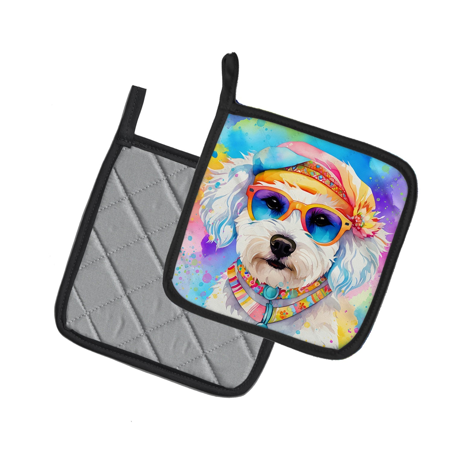 Bichon Frise Hippie Dawg Pot Holder Set of 2 Heat Resistant Quilted Hot Pads 7.5 x 7.5 Inch, Insulated Kitchen Trivets for Cooking & Baking