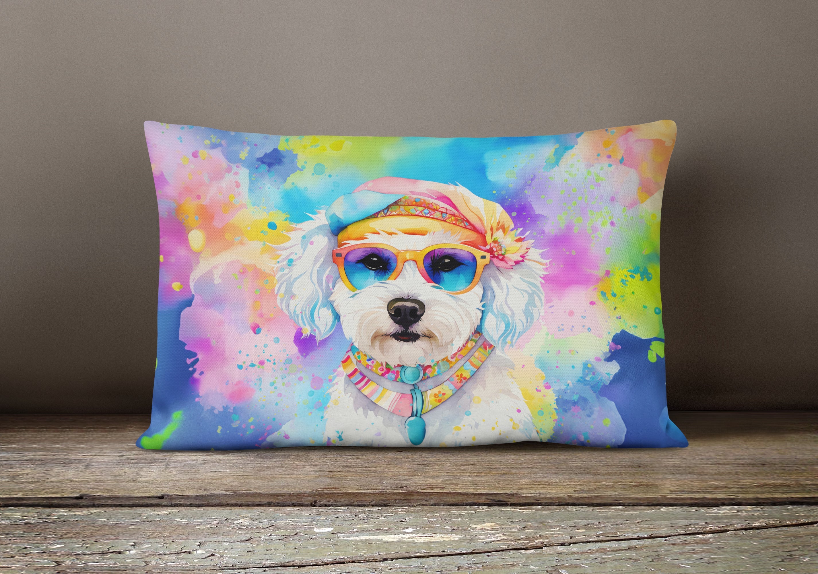 Bichon Frise Hippie Dawg Decorative Throw Pillow 12x16 Indoor Outdoor Accent Cushion, Fabric Cover with Insert for Sofa, Bed, Porch & Living Room