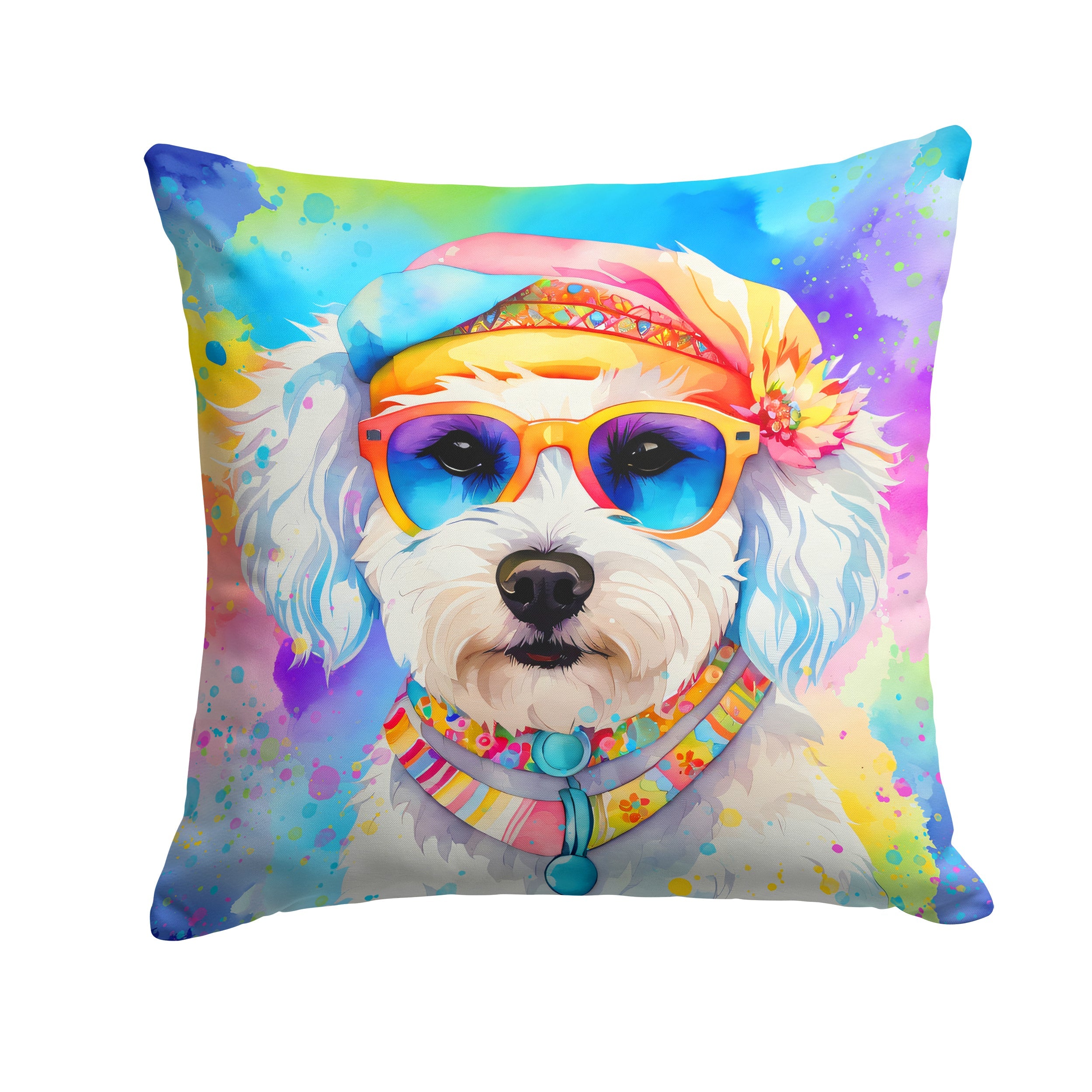 Bichon Frise Hippie Dawg Decorative Throw Pillow 14x14 Indoor Outdoor Accent Cushion, Fabric Cover with Insert for Sofa, Bed, Porch & Living Room