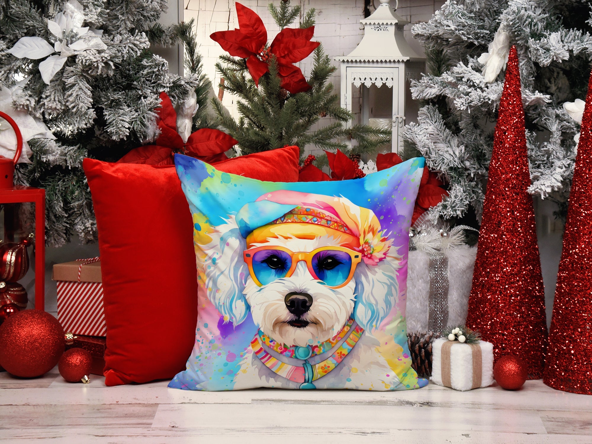 Bichon Frise Hippie Dawg Decorative Throw Pillow 14x14 Indoor Outdoor Accent Cushion, Fabric Cover with Insert for Sofa, Bed, Porch & Living Room