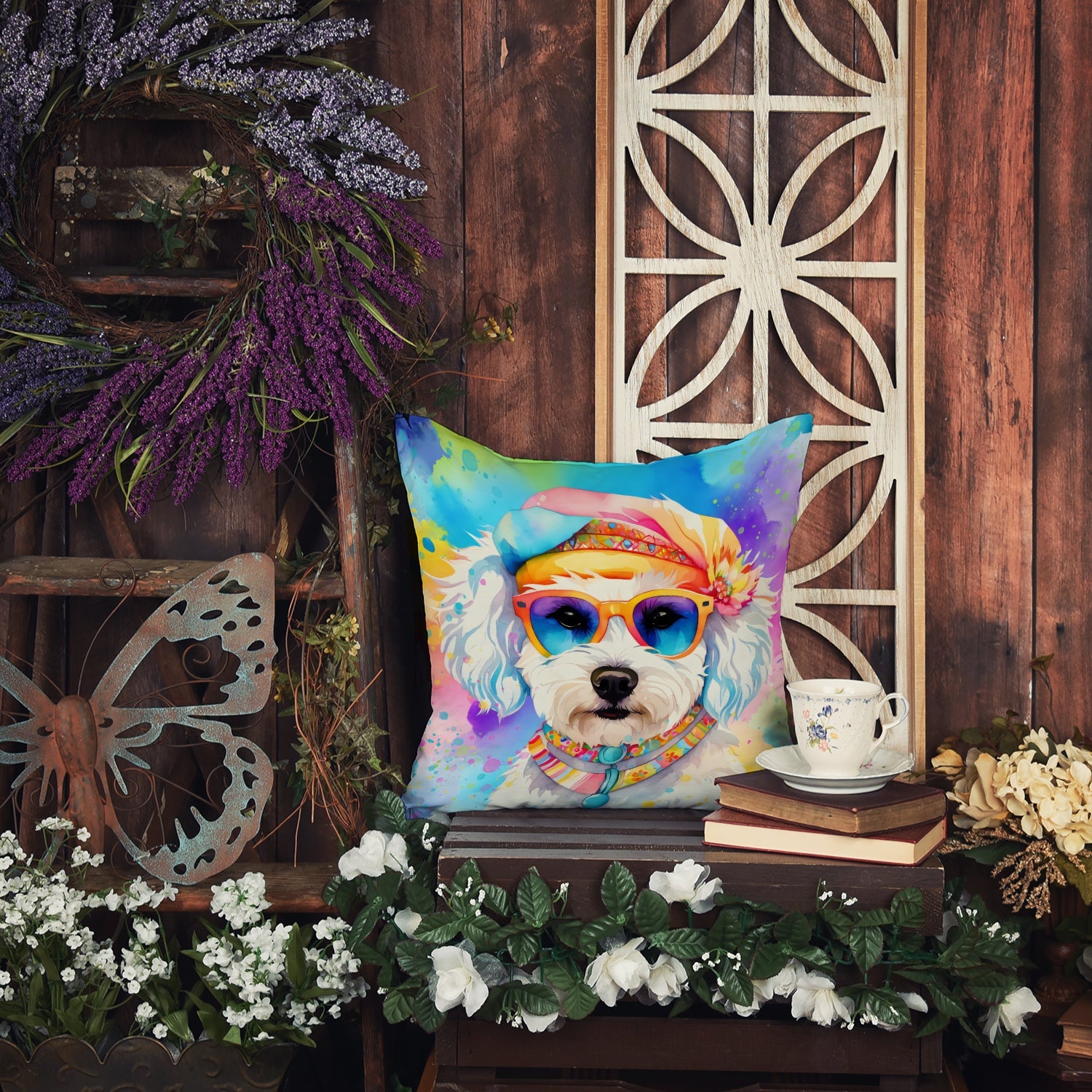 Bichon Frise Hippie Dawg Decorative Throw Pillow 14x14 Indoor Outdoor Accent Cushion, Fabric Cover with Insert for Sofa, Bed, Porch & Living Room