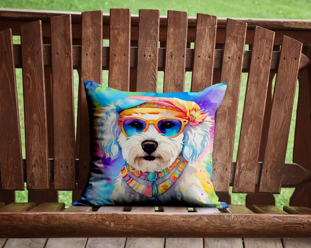 Bichon Frise Hippie Dawg Decorative Throw Pillow 14x14 Indoor Outdoor Accent Cushion, Fabric Cover with Insert for Sofa, Bed, Porch & Living Room