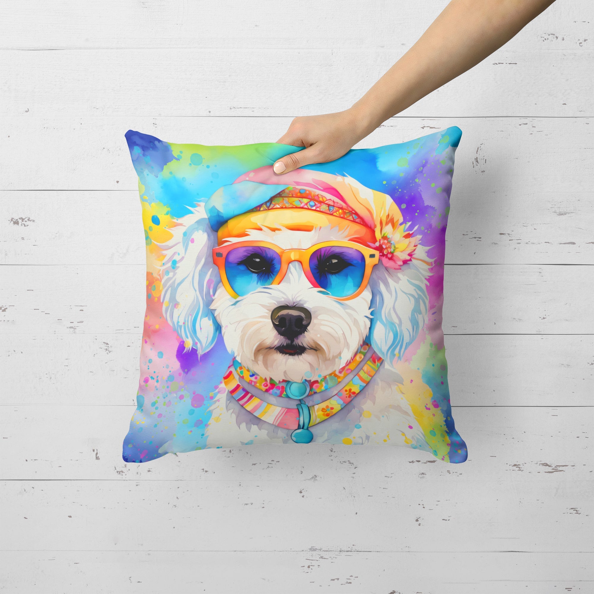 Bichon Frise Hippie Dawg Decorative Throw Pillow 18x18 Indoor Outdoor Accent Cushion, Fabric Cover with Insert for Sofa, Bed, Porch & Living Room