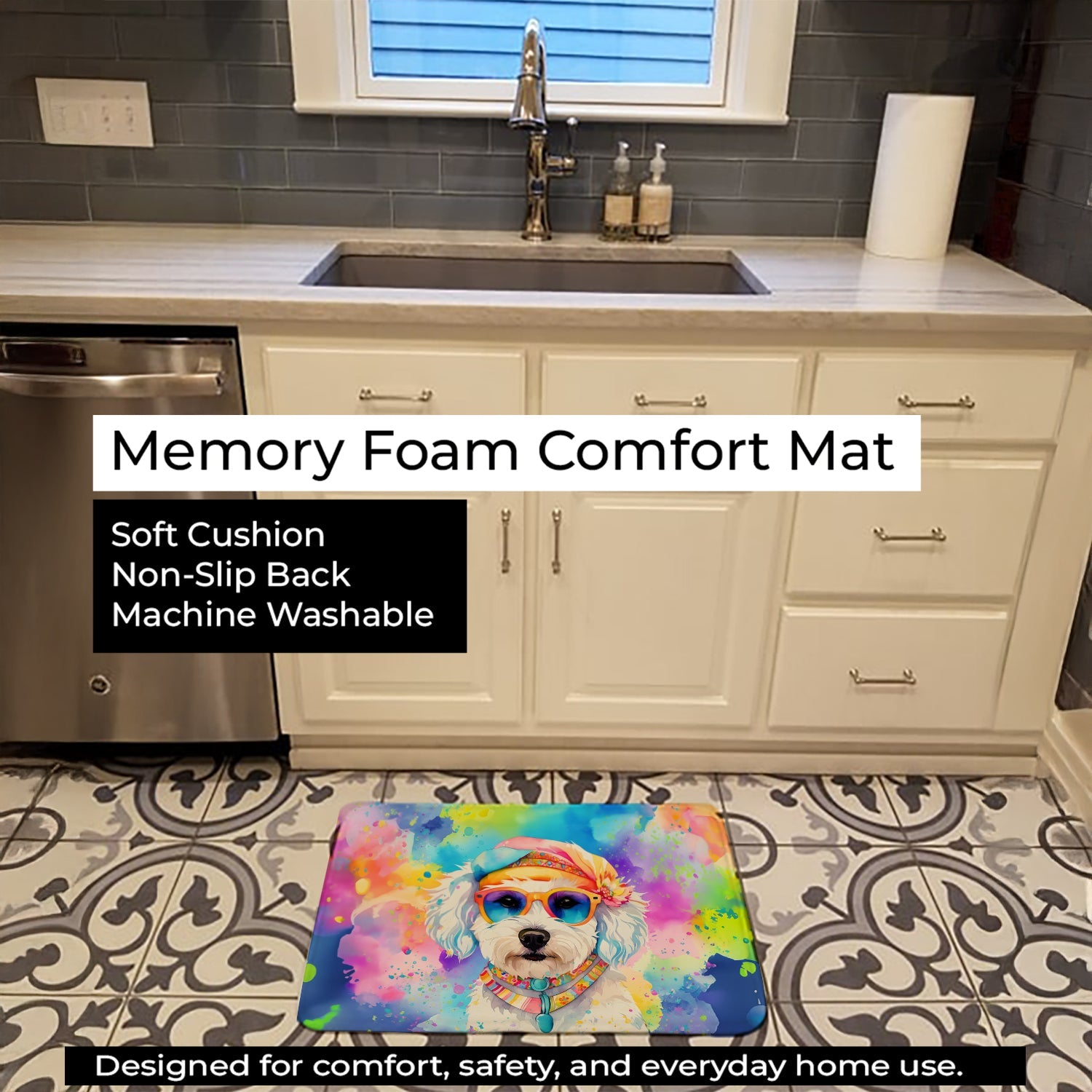 Bichon Frise Hippie Dawg Memory Foam Kitchen Mat Machine Washable Anti-Fatigue Cushion Comfort Bath or Kitchen Rug