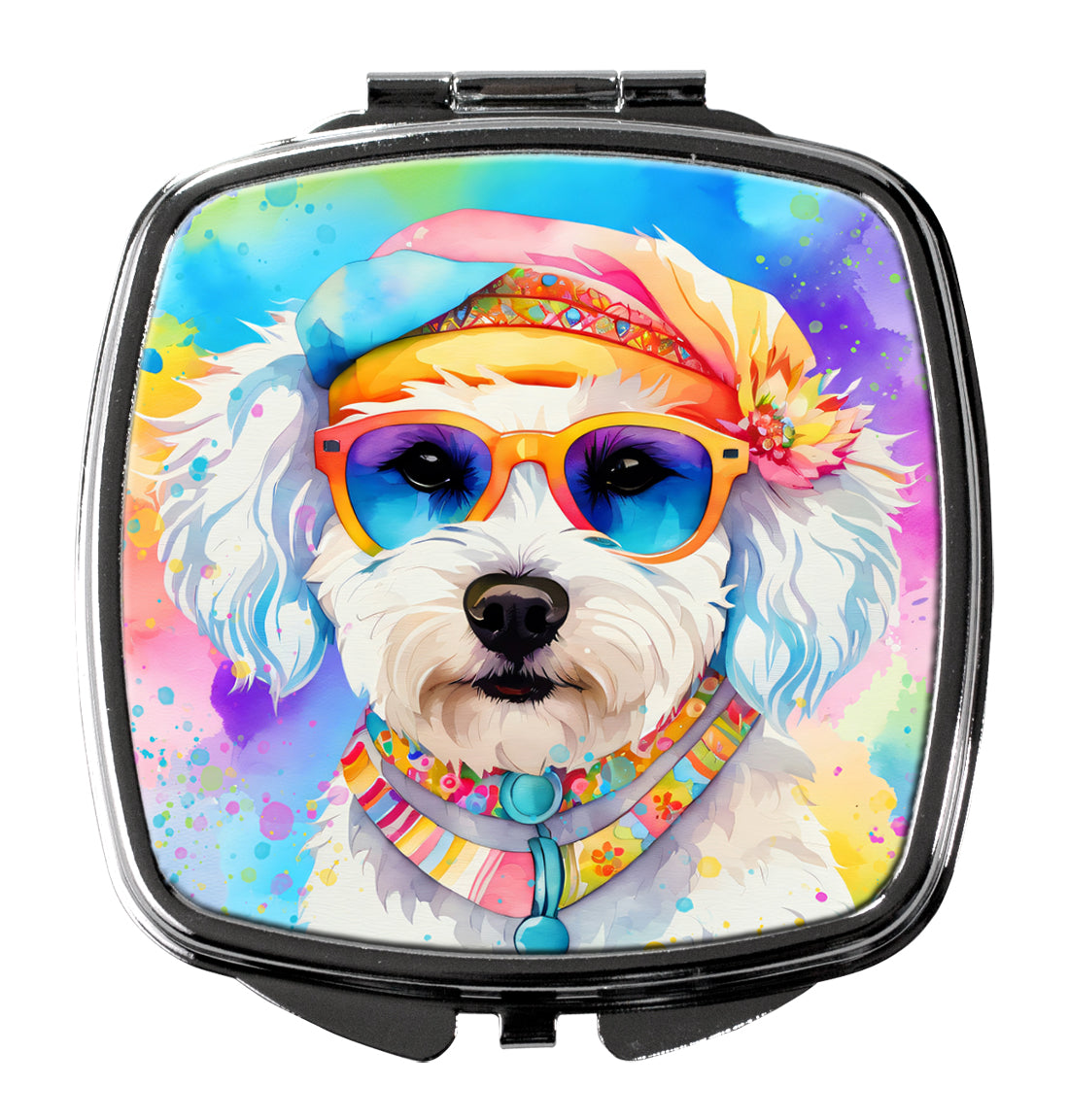 Bichon Frise Hippie Dawg Compact Mirror Decorative Travel Makeup Mirror for Women Girls Gifts Pocket Makeup Mirror Folding Handheld