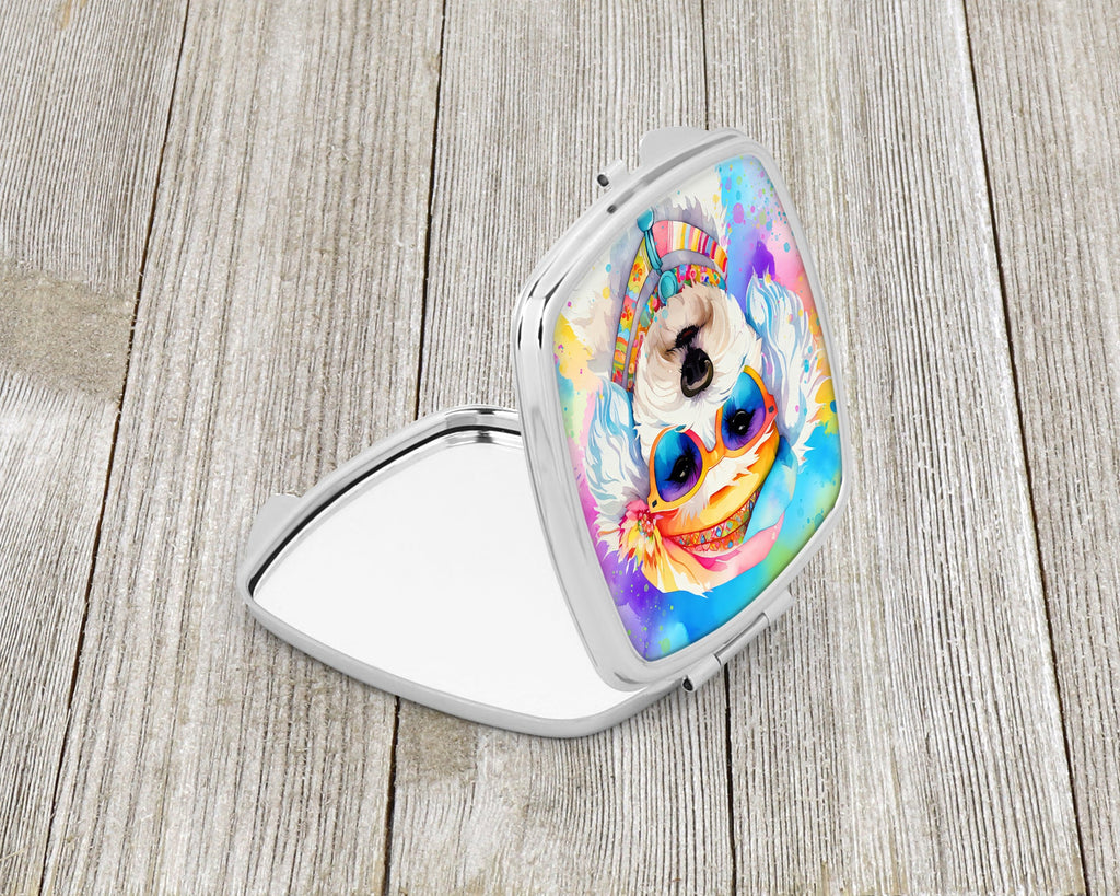 Bichon Frise Hippie Dawg Compact Mirror Decorative Travel Makeup Mirror for Women Girls Gifts Pocket Makeup Mirror Folding Handheld