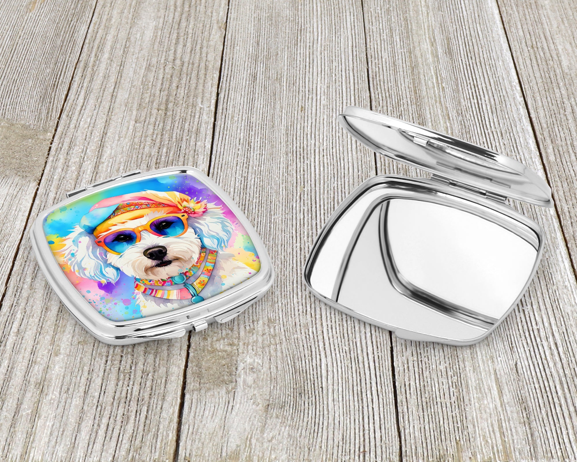 Bichon Frise Hippie Dawg Compact Mirror Decorative Travel Makeup Mirror for Women Girls Gifts Pocket Makeup Mirror Folding Handheld