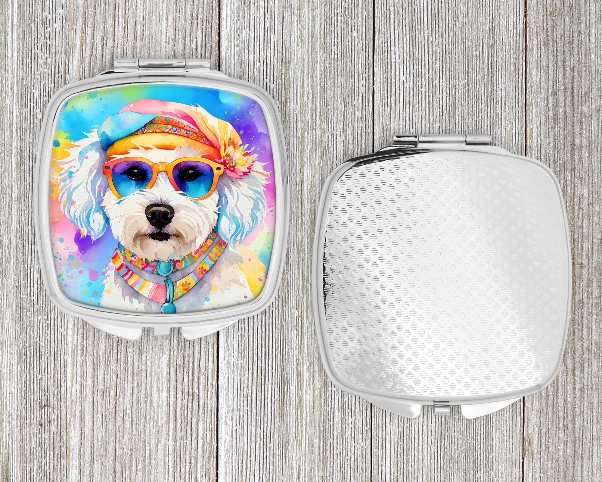Bichon Frise Hippie Dawg Compact Mirror Decorative Travel Makeup Mirror for Women Girls Gifts Pocket Makeup Mirror Folding Handheld