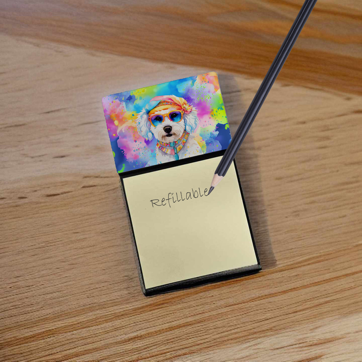 Bichon Frise Hippie Dawg Watercolor Sticky Note Holder Refillable Dispenser Desk Accessory 3x3 Pad Gift