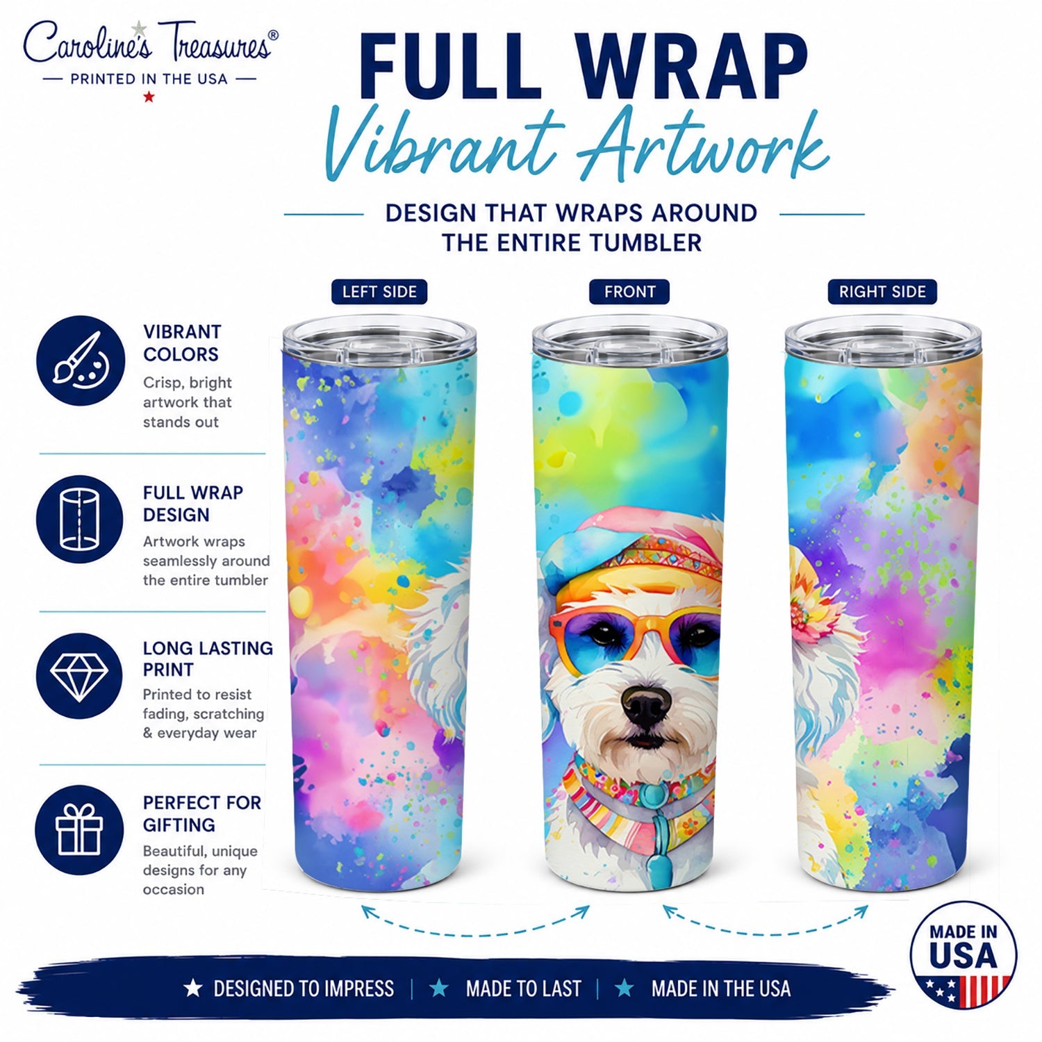 Bichon Frise Hippie Dawg Stainless Steel Skinny Tumbler 20 oz Vacuum Double Walled Reusable Insulated Travel Cup