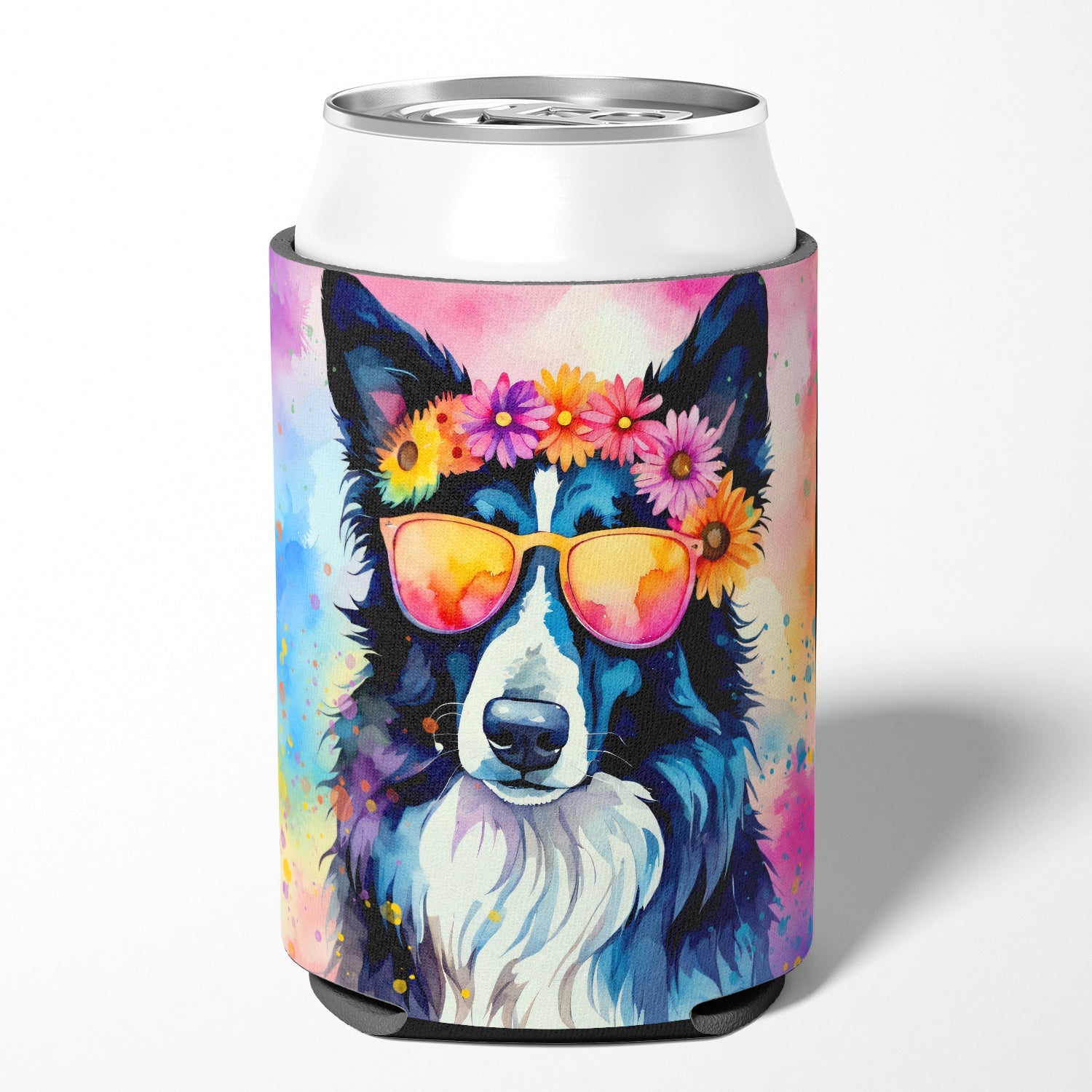 Border Collie Hippie Dawg Can or Bottle Hugger Cooler Sleeve for Standard 12 oz Cans, Insulated Foam Beer & Soda Can Hugger Reusable