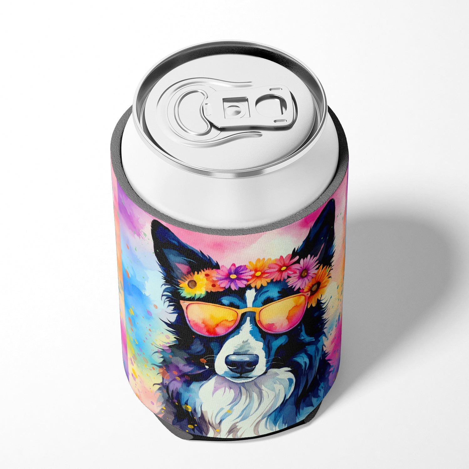 Border Collie Hippie Dawg Can or Bottle Hugger Cooler Sleeve for Standard 12 oz Cans, Insulated Foam Beer & Soda Can Hugger Reusable