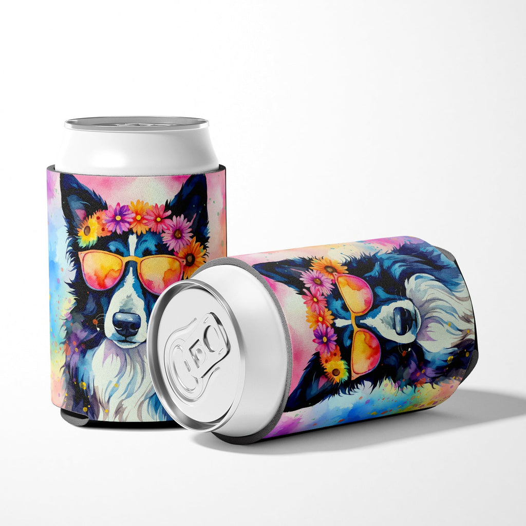 Border Collie Hippie Dawg Can or Bottle Hugger Cooler Sleeve for Standard 12 oz Cans, Insulated Foam Beer & Soda Can Hugger Reusable