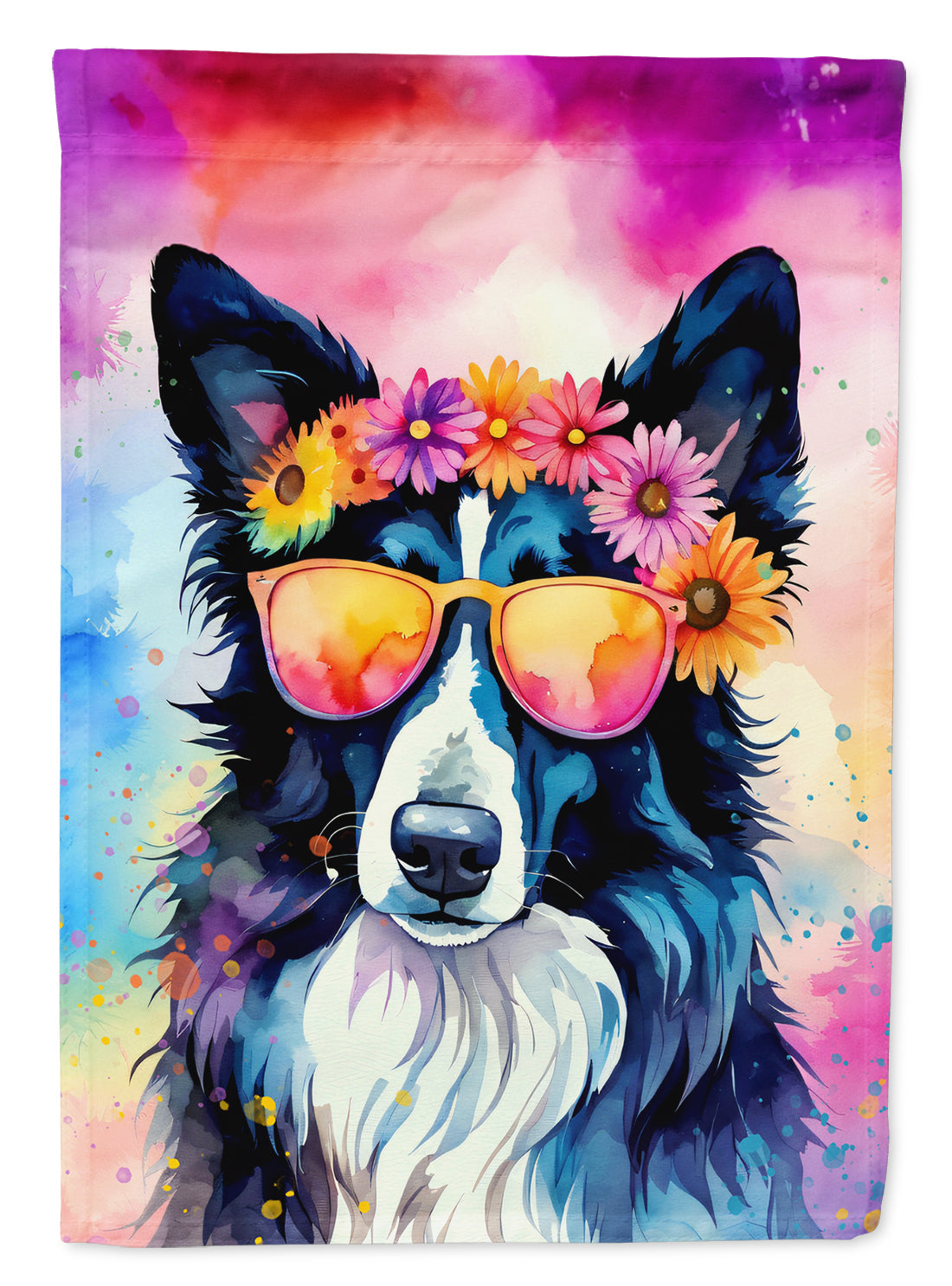 Border Collie Hippie Dawg House Flag 28x40 Porch Sleeve Pole Decorative Outside Yard Banner Artwork Wall Hanging, Polyester