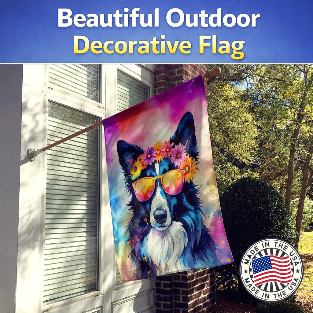 Border Collie Hippie Dawg House Flag 28x40 Porch Sleeve Pole Decorative Outside Yard Banner Artwork Wall Hanging, Polyester