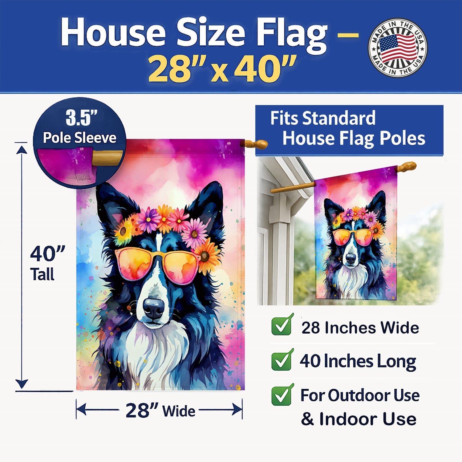 Border Collie Hippie Dawg House Flag 28x40 Porch Sleeve Pole Decorative Outside Yard Banner Artwork Wall Hanging, Polyester