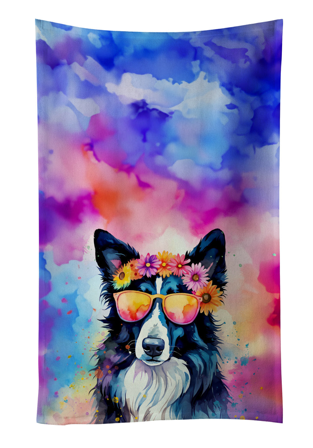 Border Collie Hippie Dawg Kitchen Towel Velour Plush Front and Cotton Loop Back Machine Washable