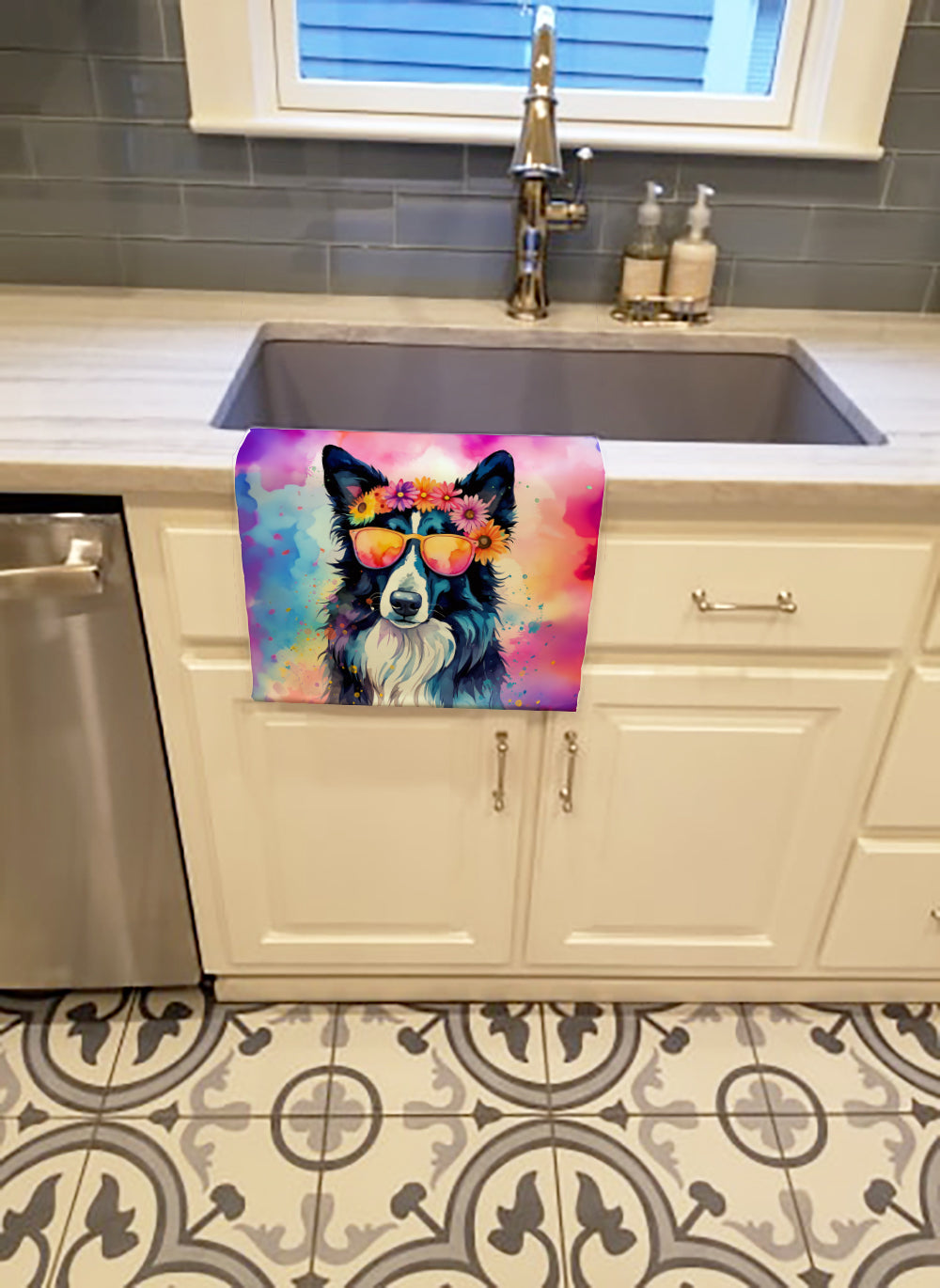 Border Collie Hippie Dawg Kitchen Towel Velour Plush Front and Cotton Loop Back Machine Washable