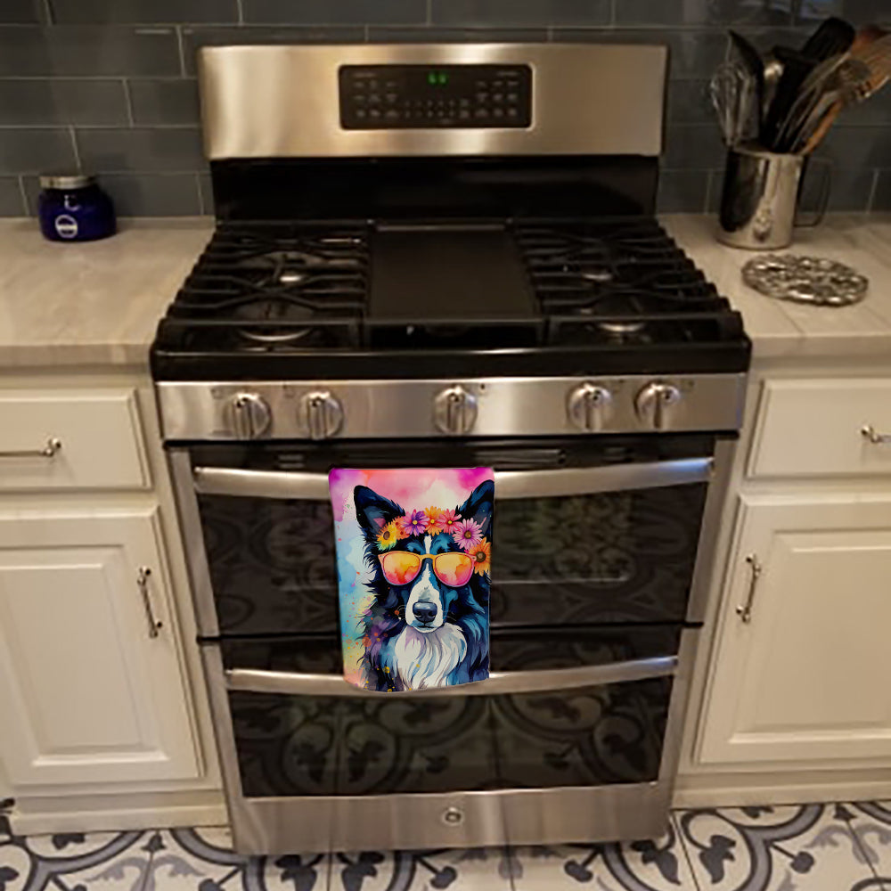 Border Collie Hippie Dawg Kitchen Towel Velour Plush Front and Cotton Loop Back Machine Washable