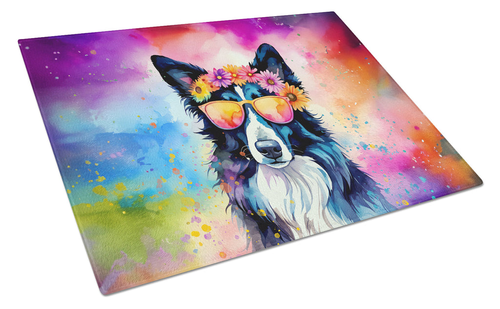 Border Collie Hippie Dawg Cutting Board Tempered Glass Kitchen Cutting Surface, Heat Resistant Chopping, Non-Slip Feet, Food Prep & Serving