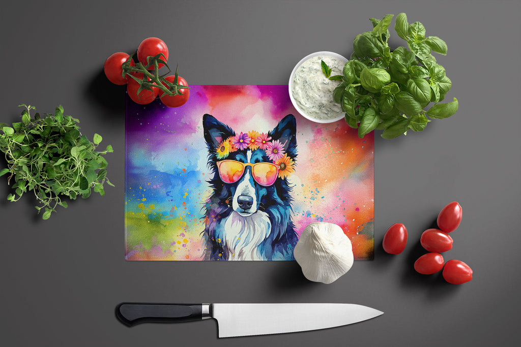 Border Collie Hippie Dawg Cutting Board Tempered Glass Kitchen Cutting Surface, Heat Resistant Chopping, Non-Slip Feet, Food Prep & Serving