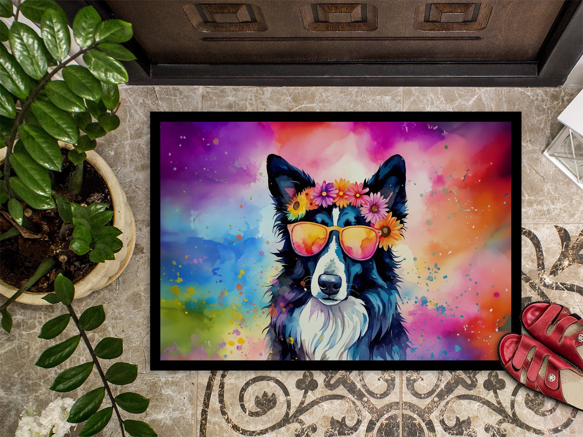 Border Collie Hippie Dawg Doormat Indoor Outdoor 18H X 27W Front Door Mat Rugs for Entryway, Non Slip Washable