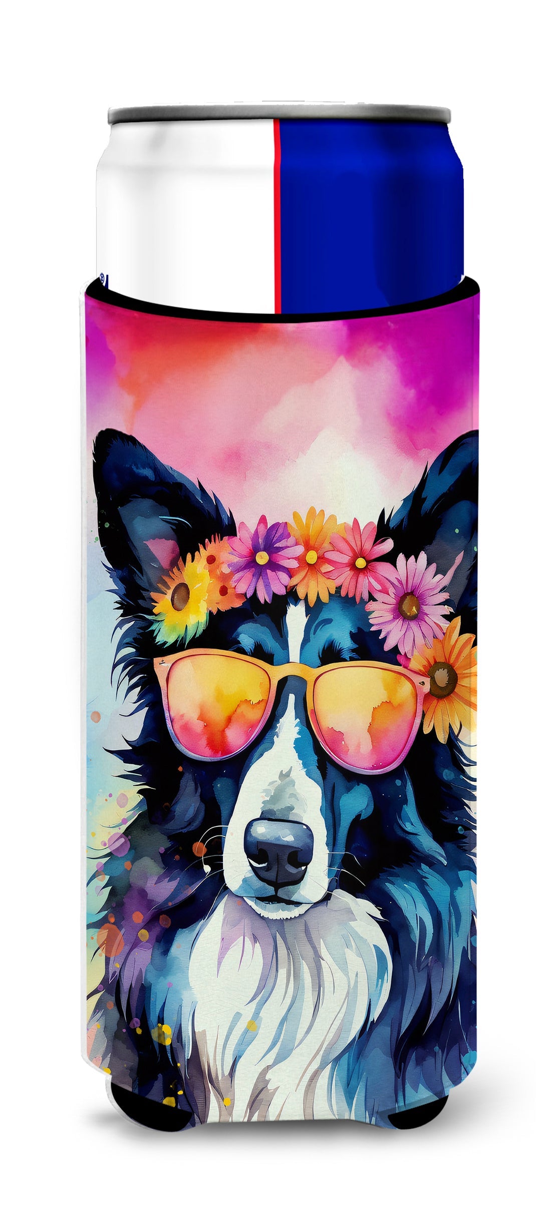 Border Collie Hippie Dawg Slim Can Hugger , Insulated Foam Hugger for 12 oz Slim Cans, Beer Bottles & Water Bottles, Printed in USA