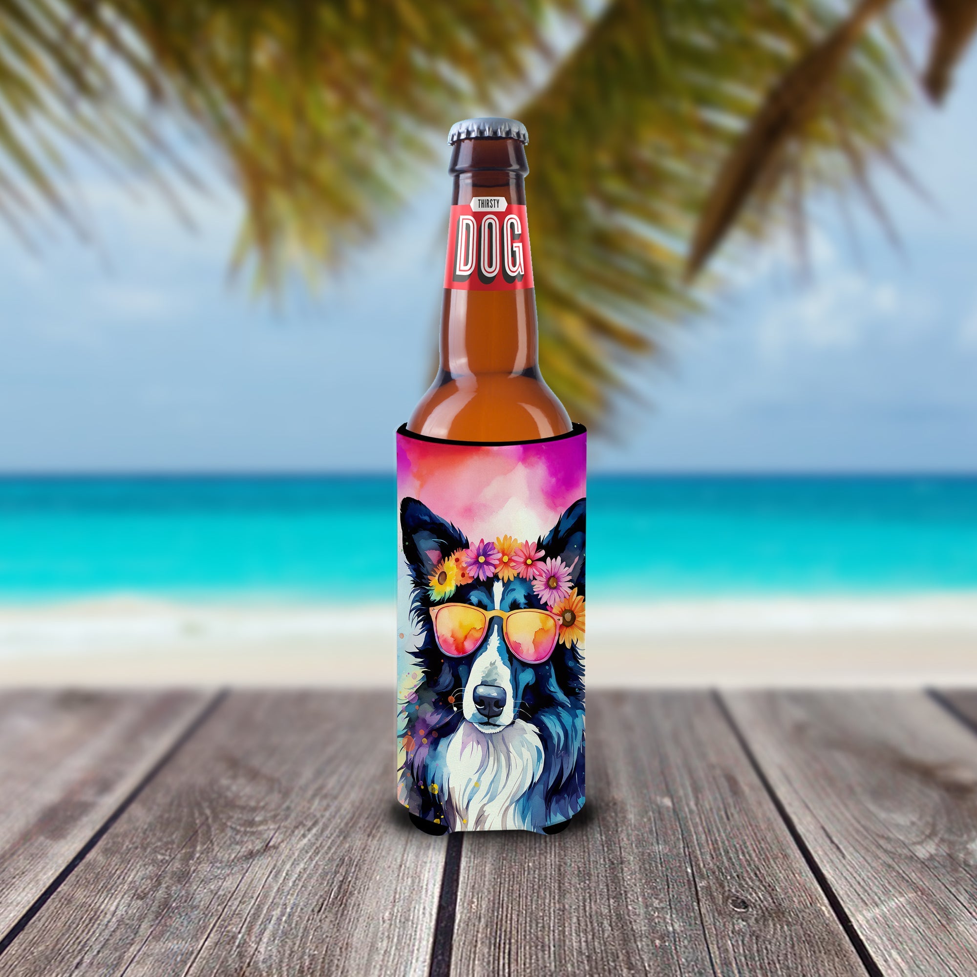 Border Collie Hippie Dawg Slim Can Hugger , Insulated Foam Hugger for 12 oz Slim Cans, Beer Bottles & Water Bottles, Printed in USA