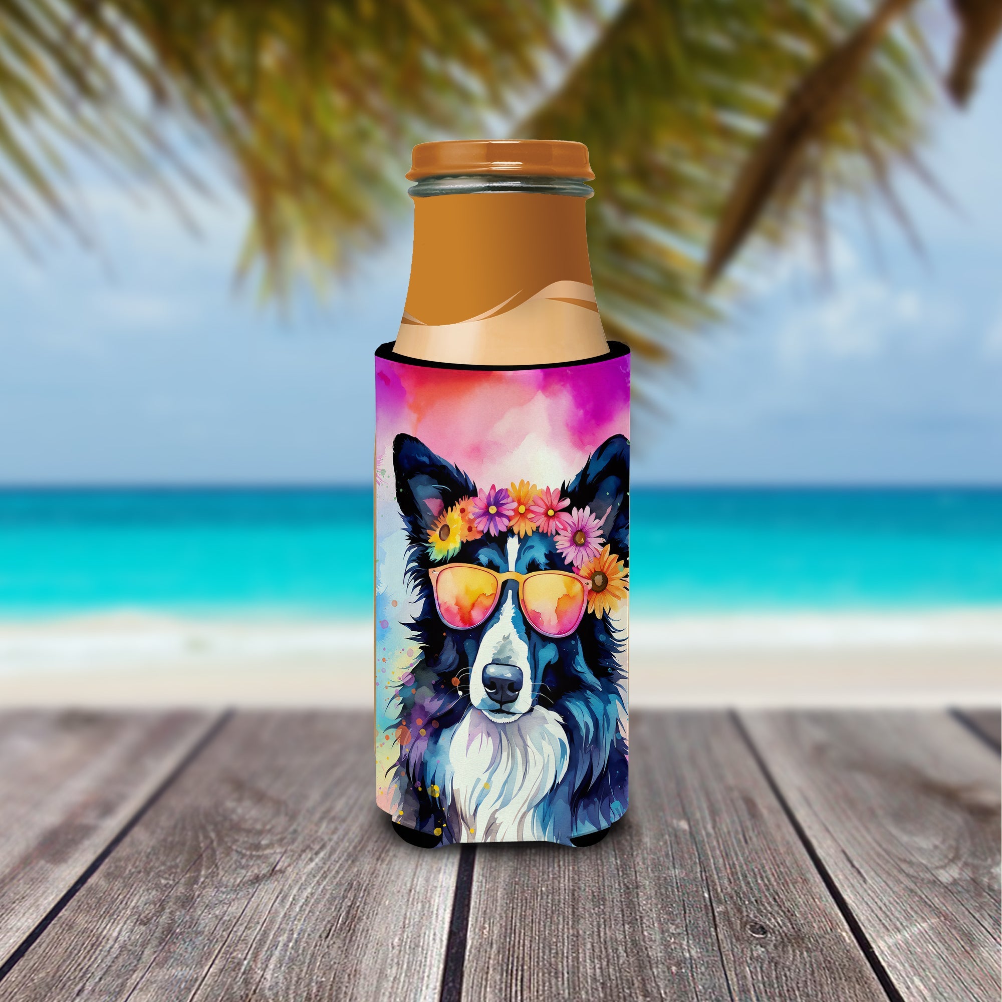 Border Collie Hippie Dawg Slim Can Hugger , Insulated Foam Hugger for 12 oz Slim Cans, Beer Bottles & Water Bottles, Printed in USA