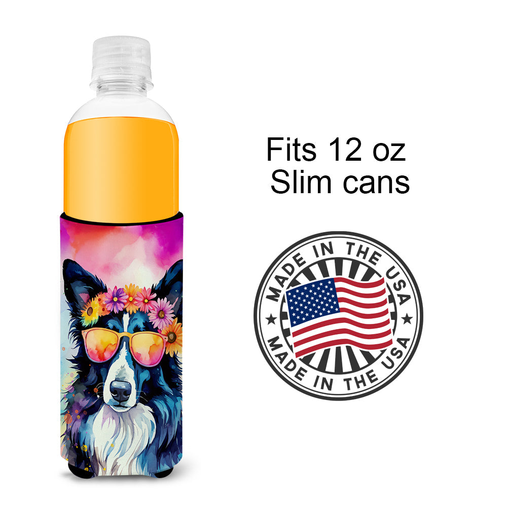 Border Collie Hippie Dawg Slim Can Hugger , Insulated Foam Hugger for 12 oz Slim Cans, Beer Bottles & Water Bottles, Printed in USA